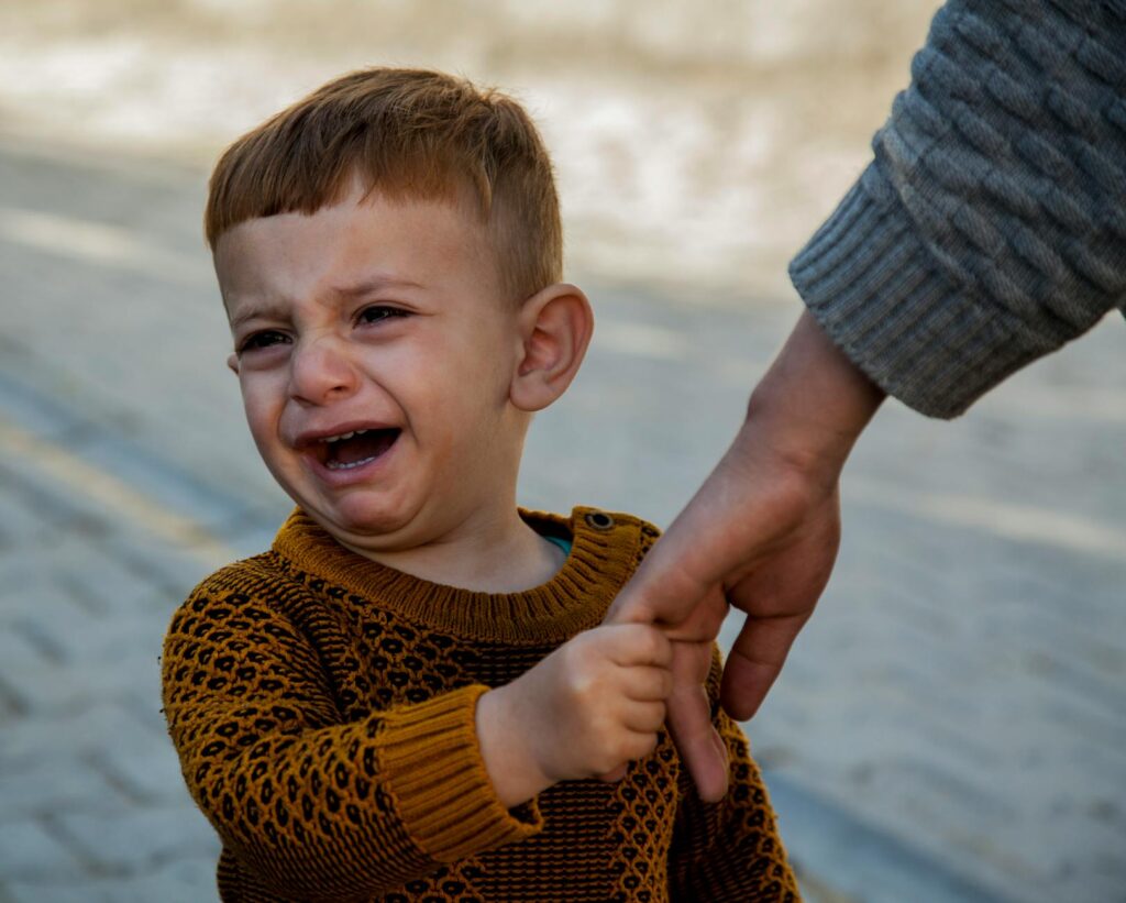 Quem criou a lei de alienação parental no brasil - Robison Souza - Perito em Psicologia Forense A crying toddler in a sweater holds an adult's hand outdoors, expressing emotion.